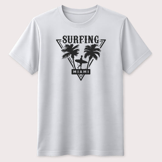 Surfing Miami Graphic T-Shirt Tropical Palm Tree Surfboard Beach Vacation Unisex Tee