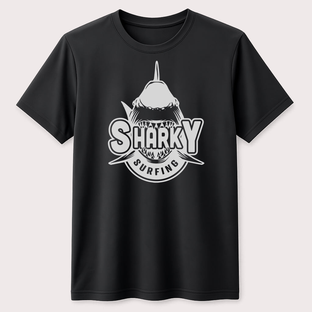Sharky Surfing Graphic T-Shirt Funny Shark Surfer Ocean Beach Unisex Tee