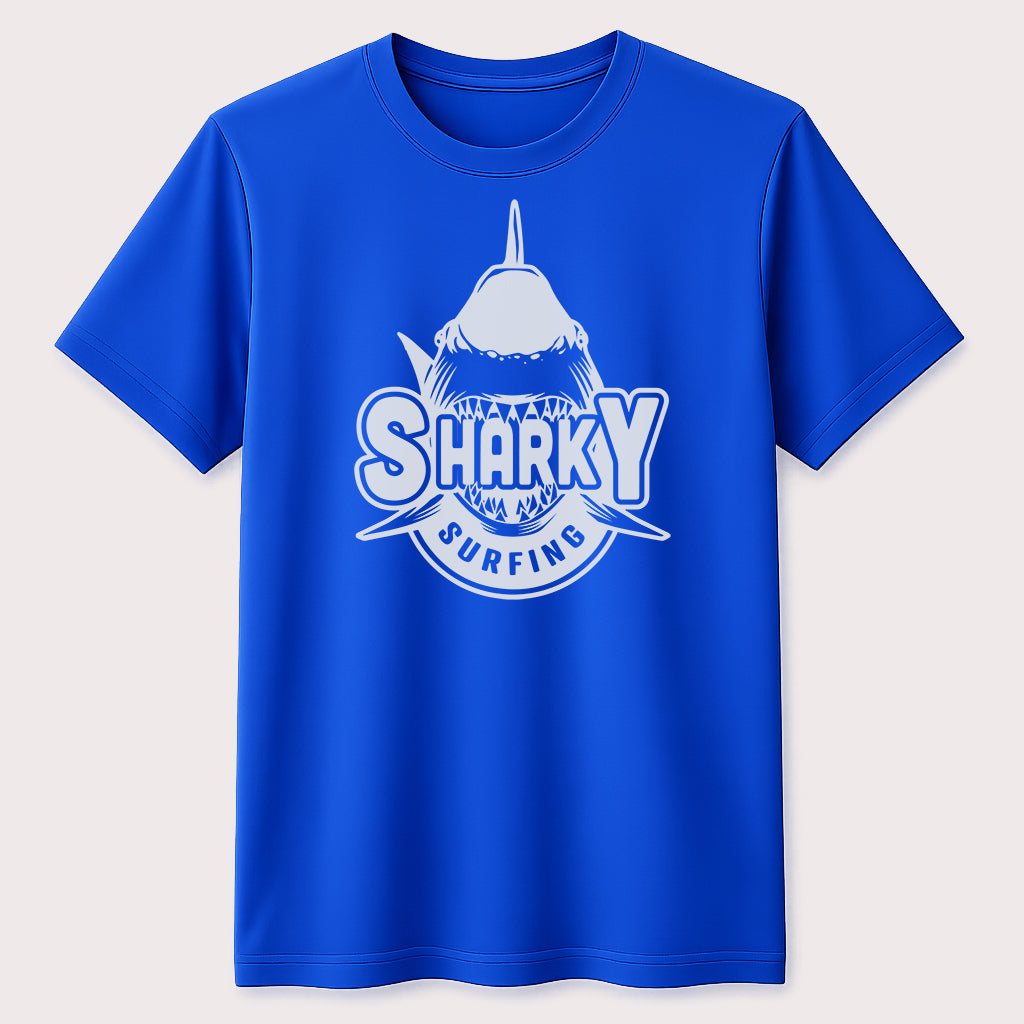 Sharky Surfing Graphic T-Shirt Funny Shark Surfer Ocean Beach Unisex Tee