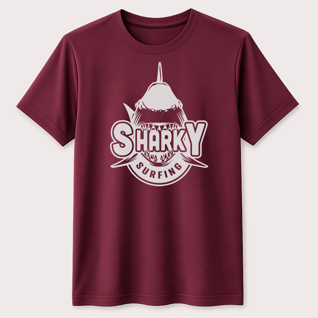 Sharky Surfing Graphic T-Shirt Funny Shark Surfer Ocean Beach Unisex Tee