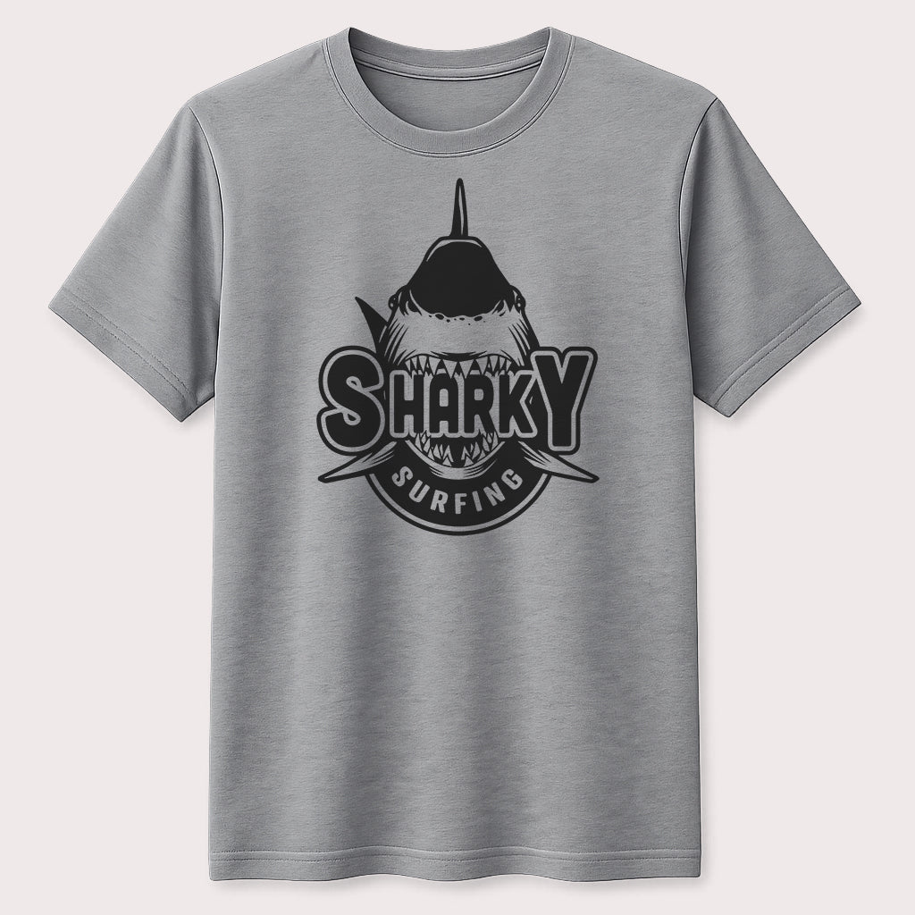 Sharky Surfing Graphic T-Shirt Funny Shark Surfer Ocean Beach Unisex Tee