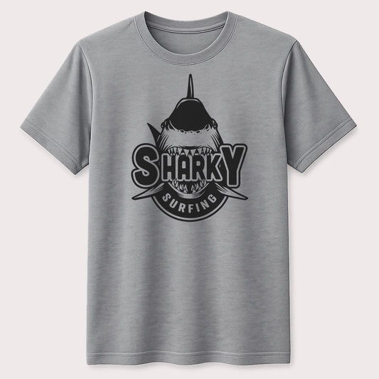 Sharky Surfing Graphic T-Shirt Funny Shark Surfer Ocean Beach Unisex Tee