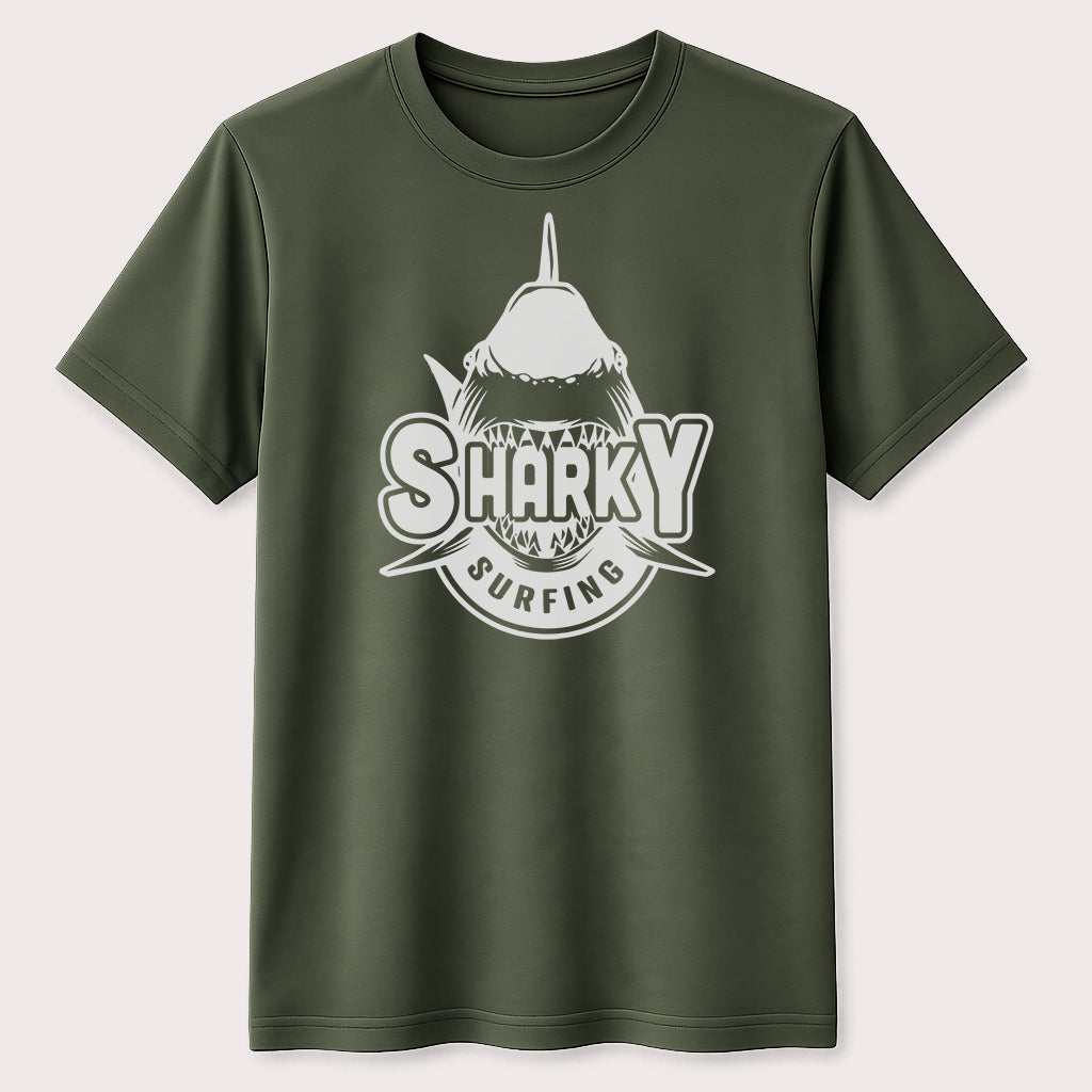 Sharky Surfing Graphic T-Shirt Funny Shark Surfer Ocean Beach Unisex Tee