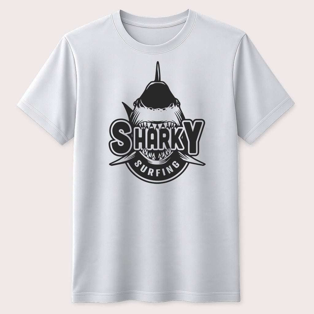 Sharky Surfing Graphic T-Shirt Funny Shark Surfer Ocean Beach Unisex Tee