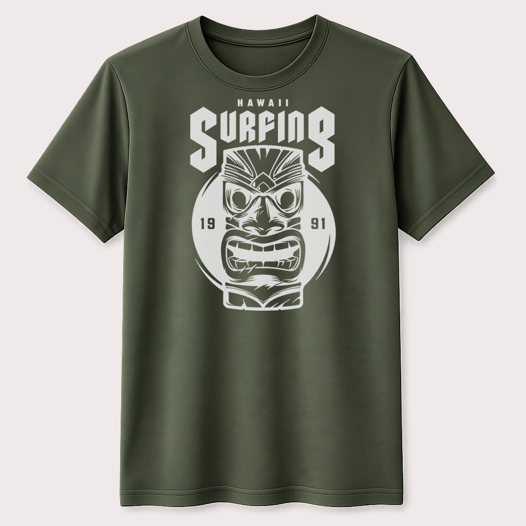 Hawaii Surfing Tiki Graphic T-Shirt Tropical Island Surfer Tiki Mask Unisex Tee