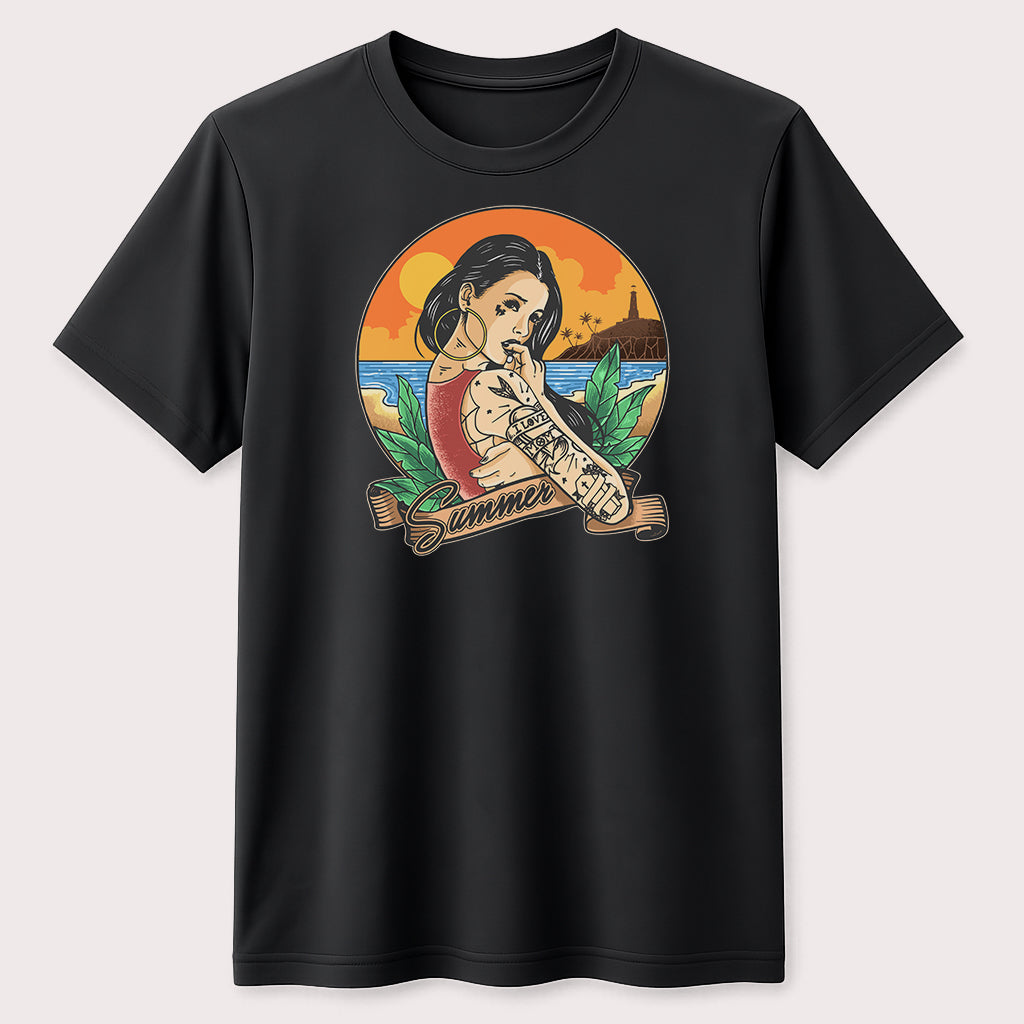 Summer Beach Tattoo Girl Graphic T-Shirt Tropical Vacation Unisex Tee