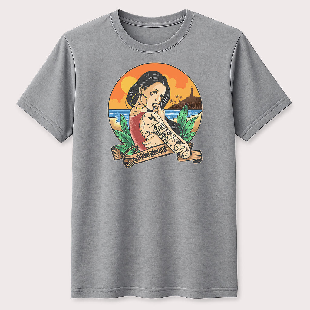 Summer Beach Tattoo Girl Graphic T-Shirt Tropical Vacation Unisex Tee