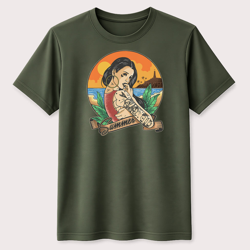 Summer Beach Tattoo Girl Graphic T-Shirt Tropical Vacation Unisex Tee
