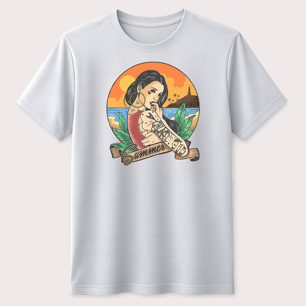 Summer Beach Tattoo Girl Graphic T-Shirt Tropical Vacation Unisex Tee