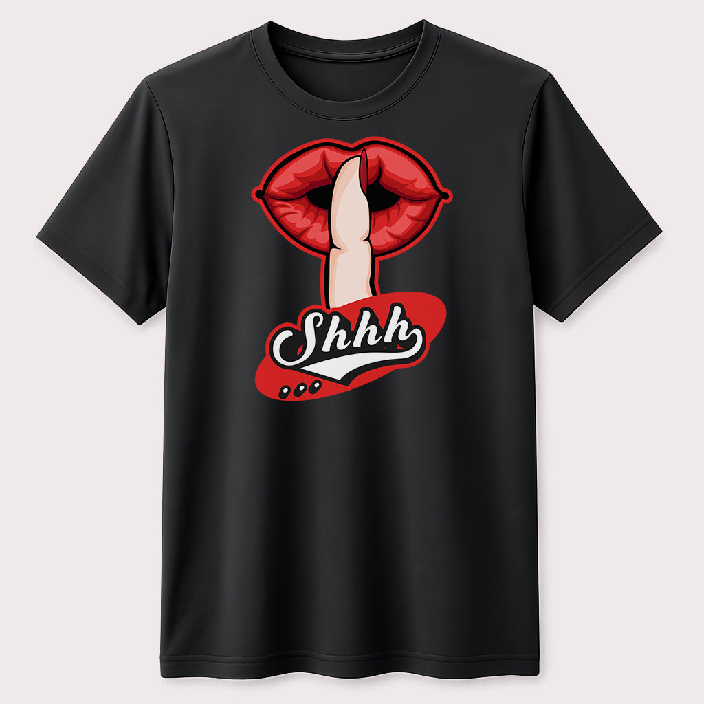 Shhh Red Lips Graphic T-Shirt Secret Message Finger Silence Unisex Tee