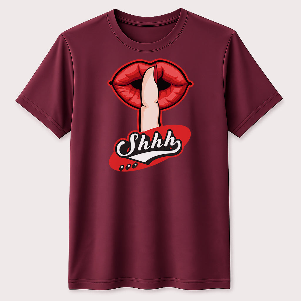Shhh Red Lips Graphic T-Shirt Secret Message Finger Silence Unisex Tee