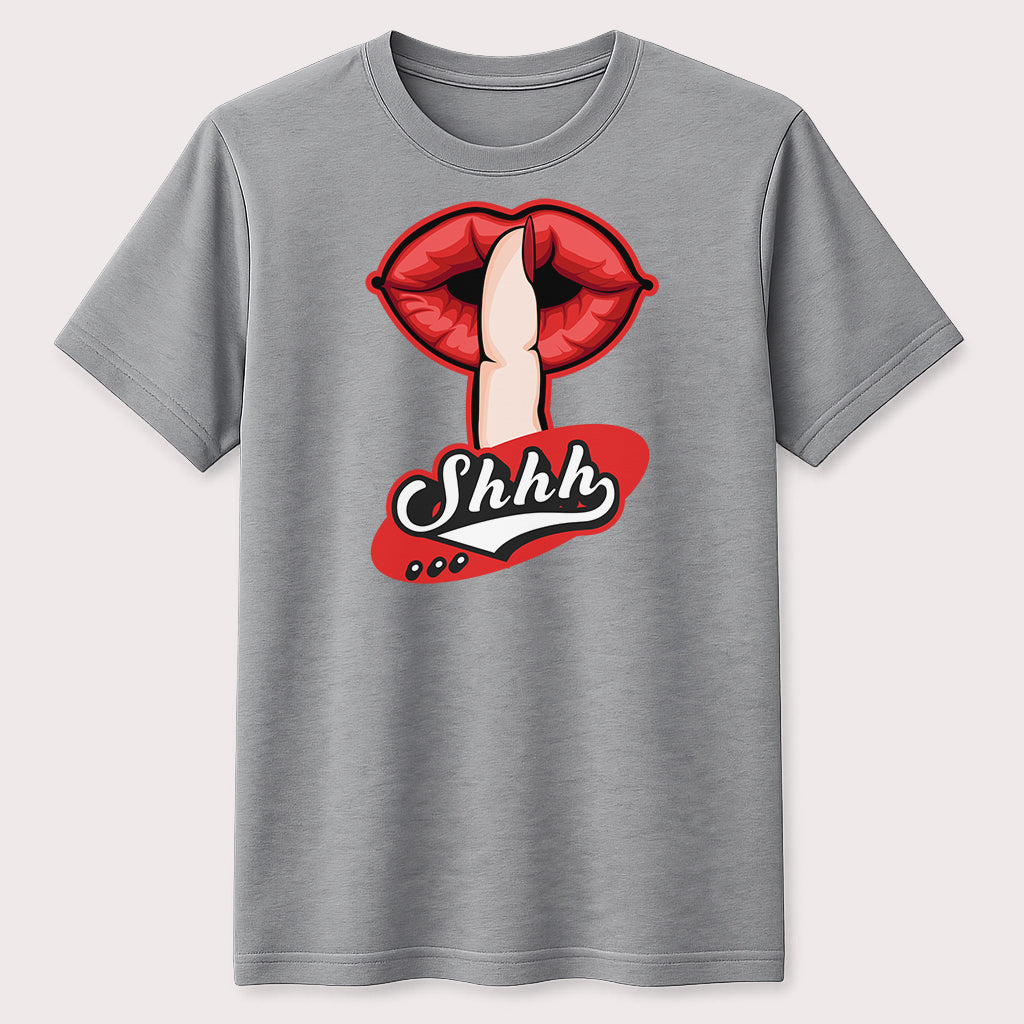 Shhh Red Lips Graphic T-Shirt Secret Message Finger Silence Unisex Tee