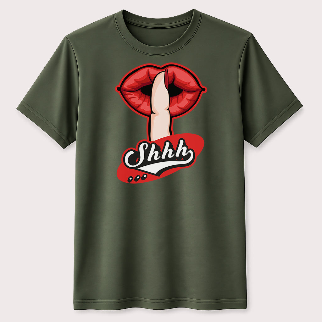 Shhh Red Lips Graphic T-Shirt Secret Message Finger Silence Unisex Tee
