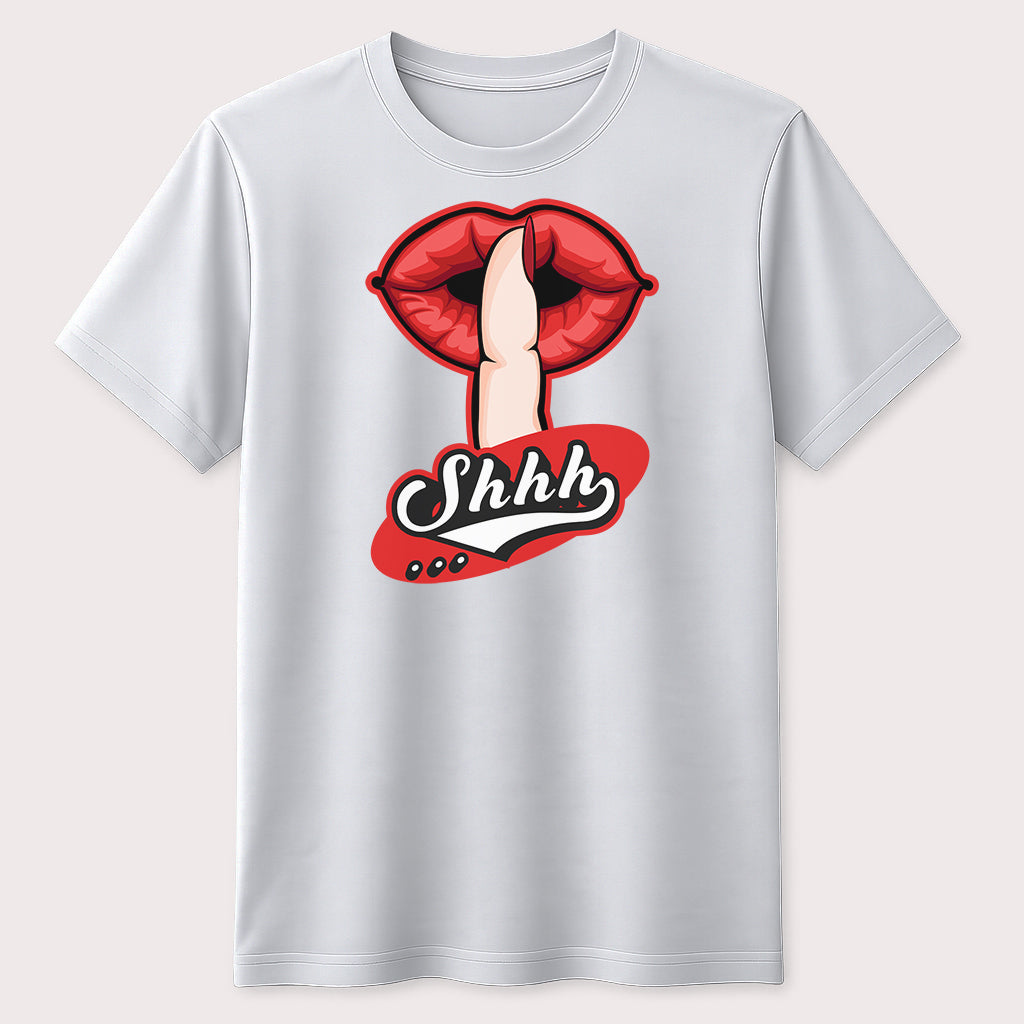 Shhh Red Lips Graphic T-Shirt Secret Message Finger Silence Unisex Tee