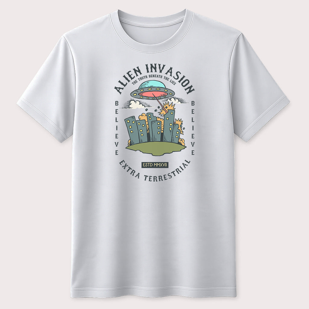 Alien Invasion Graphic T-Shirt UFO Extraterrestrial Space Unisex Tee