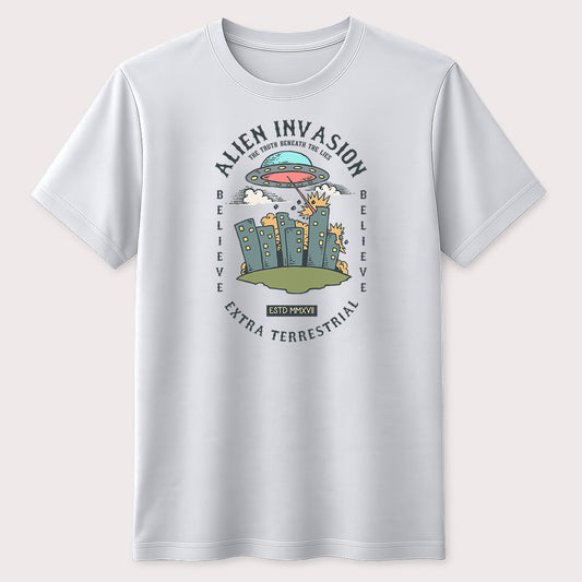 Alien Invasion Graphic T-Shirt UFO Extraterrestrial Space Unisex Tee