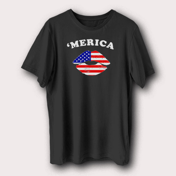 ’Merica American Flag Lips T-Shirt USA Patriotic Graphic Tee