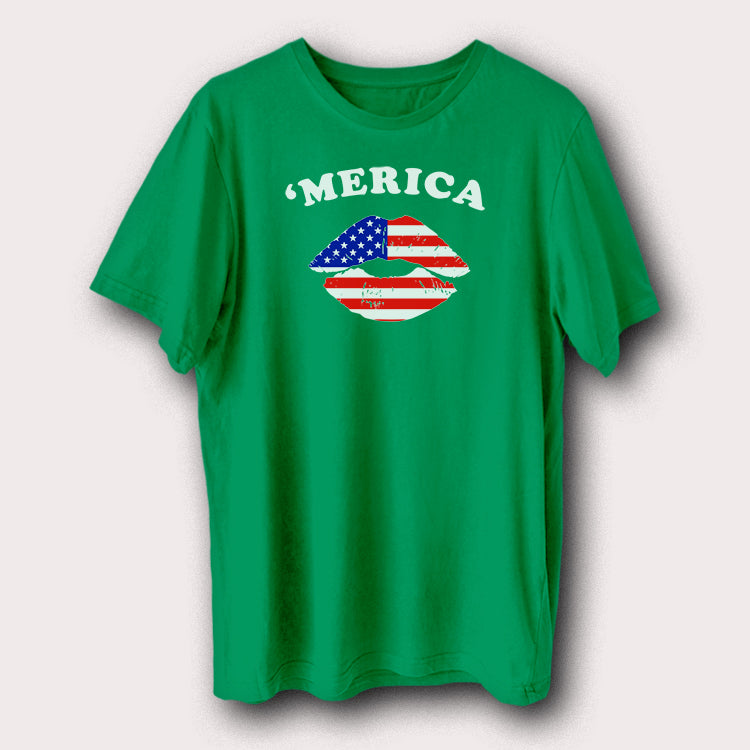 ’Merica American Flag Lips T-Shirt USA Patriotic Graphic Tee