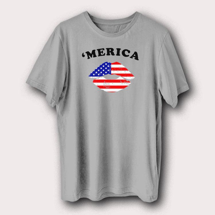 ’Merica American Flag Lips T-Shirt USA Patriotic Graphic Tee