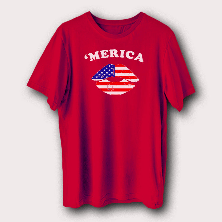 ’Merica American Flag Lips T-Shirt USA Patriotic Graphic Tee
