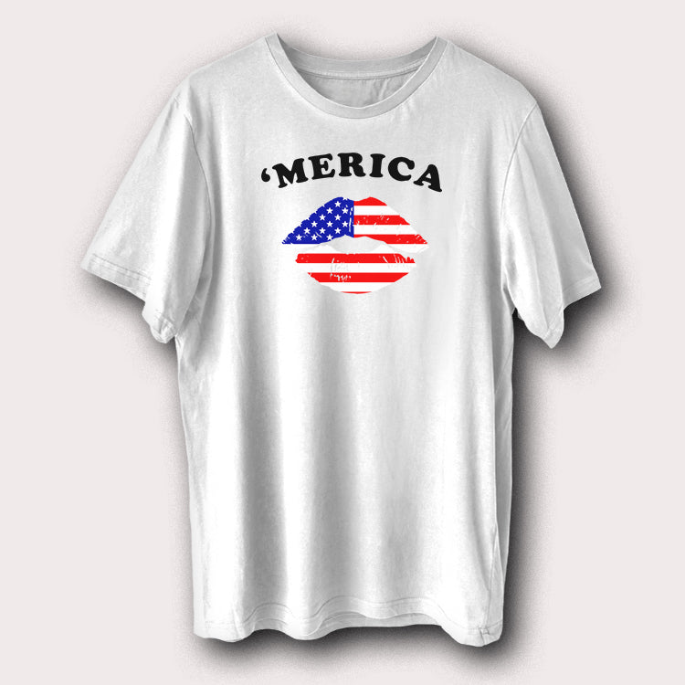 ’Merica American Flag Lips T-Shirt USA Patriotic Graphic Tee